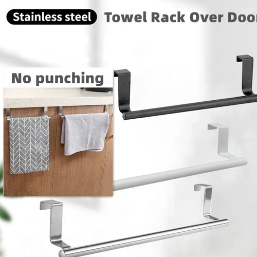 Stainless Steel Towel Rack Over Door Towel Bar Hanging Holder Bathroom Kitchen Cabinet White Black Towel Rag Rack Shelf Hanger